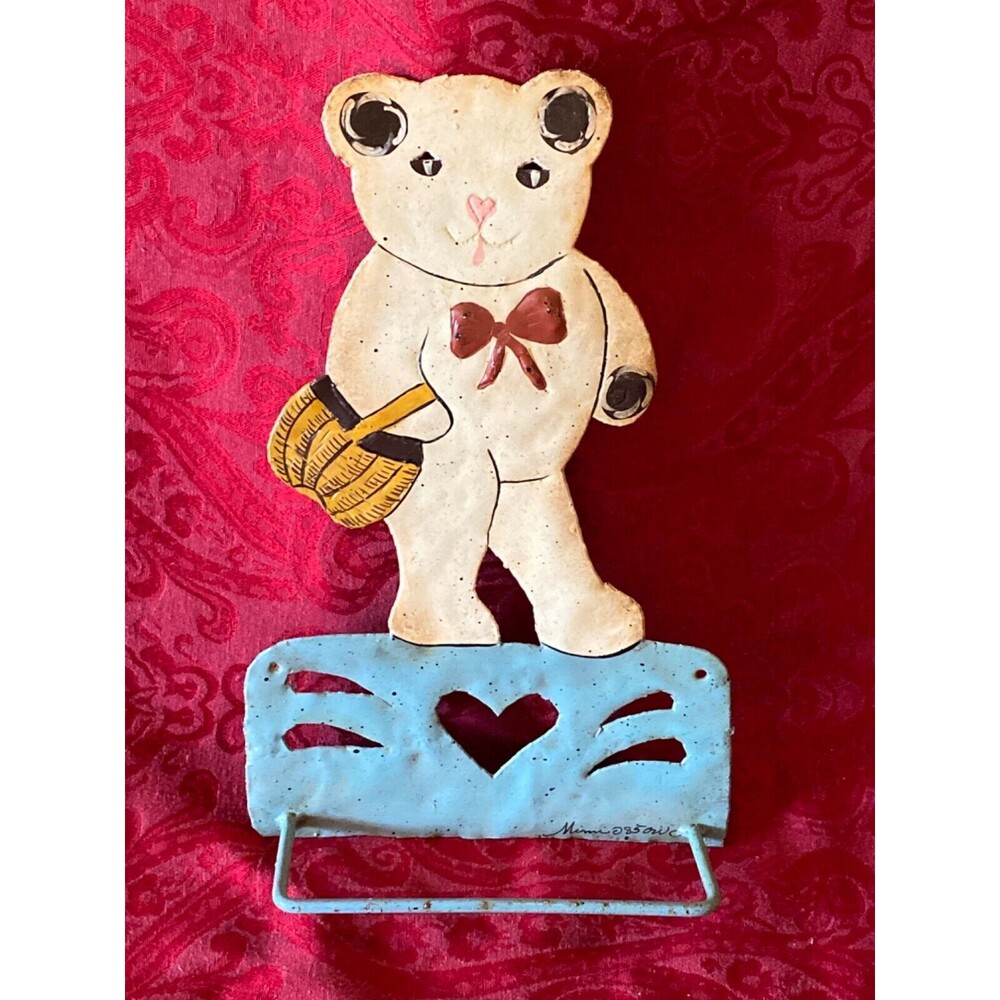 Antique Primitive Enameled metal Bear Towel Rack signed Mimi Wall hanging